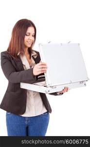 Beautiful businesswoman opening a metal suitcase