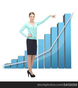 beautiful businesswoman pointing at big 3d chart