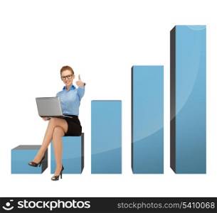 beautiful businesswoman sitting on big 3d chart with laptop