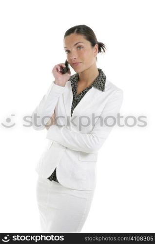 Beautiful businesswoman talking mobile phone over white