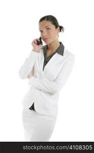 Beautiful businesswoman talking mobile phone over white