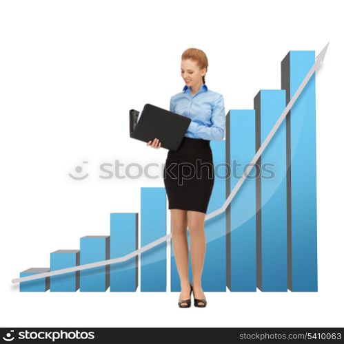 beautiful businesswoman with big 3d chart holding folder