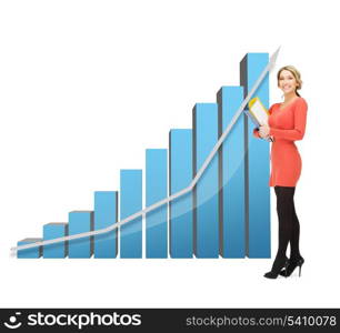 beautiful businesswoman with big 3d chart holding folders