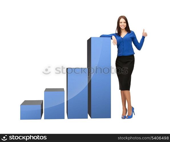 beautiful businesswoman with big 3d chart showing thumbs up