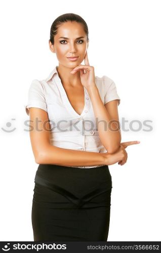 beautiful businesswoman with finger on face on white background