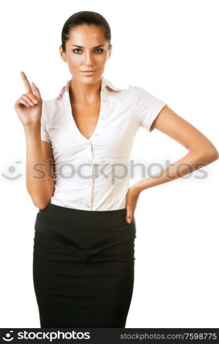 beautiful businesswoman with finger up on white background