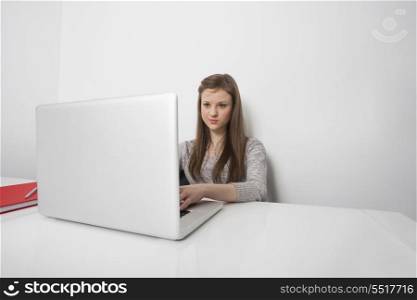Beautiful businesswoman working on laptop at office desk