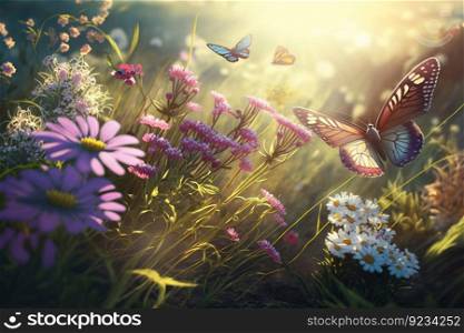 Beautiful butterflies over forest colored flowers with a blurred background. Header banner mockup with copy space. AI generated.. Beautiful butterflies over forest colored flowers with a blurred background. AI generated.
