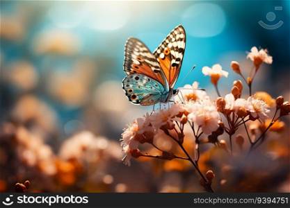Beautiful Butterfly Insect Alight on Flowering Garden Park with Nature Background in Bright Day