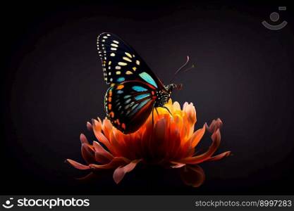 Beautiful butterfly on a flower on a black background.  Generative AI
