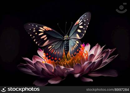 Beautiful butterfly on a flower on a black background.  Generative AI
