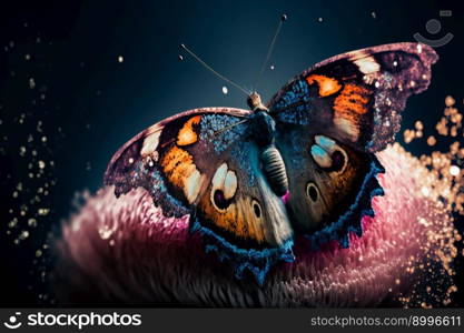 Beautiful  butterfly on a flower on a black background.  Image created with Generative AI technology