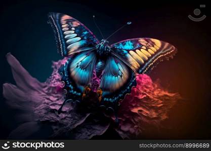 Beautiful  butterfly on a flower on a black background.  Image created with Generative AI technology