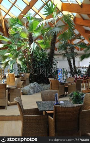 beautiful caffe restaurant with palm tree and little waterfall and bridge
