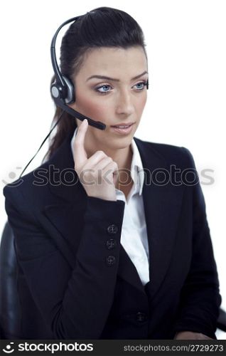 Beautiful call center telephone woman wearing headset over white background