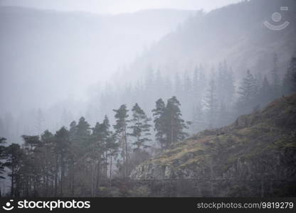 Beautiful calm peaceful Winter landscape over Thirlmere in Lake District with fog and layers of trees visible in the distance