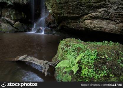 Beautiful calm waterfall landscape at Roughting Linn in Northumb. Stunning waterfall landscape at Roughting Linn in Northumberland National Park in England