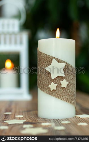 Beautiful Candles in home. Warm christmas decoration