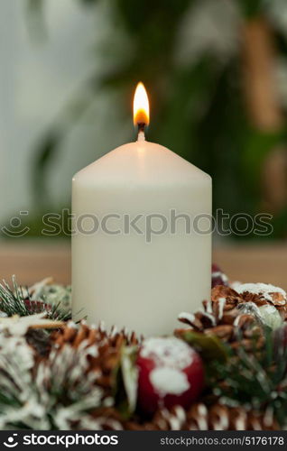 Beautiful Candles in home. Warm christmas decoration