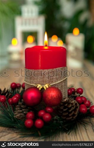 Beautiful Candles in home. Warm christmas decoration