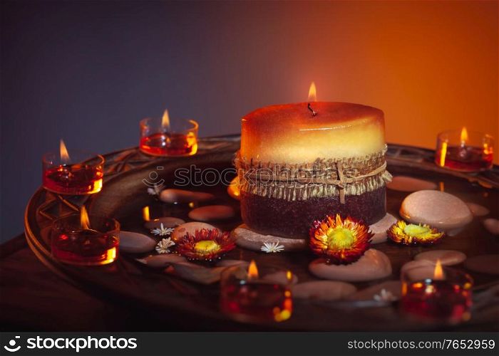 Beautiful candles still life, decorations for a nice cozy atmosphere, image suitable for Diwali festival, Ramadan or Thanksgiving holiday