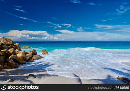 Beautiful Carana beach with palm tree shadow at Seychelles, Mahe