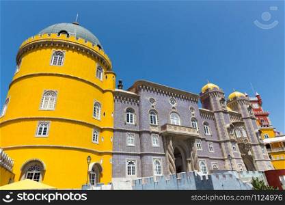 Beautiful castle with towers against clear sky. Beautiful castle