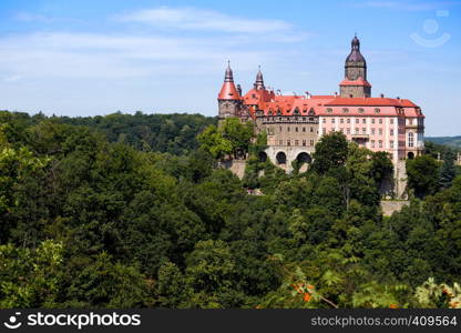 beautiful castle Zamek Ksiaz on a hill near of town Walbrzych at the Poland