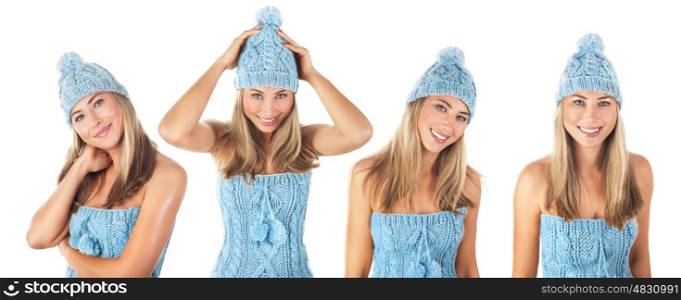 Beautiful casual winter clothing, cute girl wearing blue stylish knitted hat and sweater isolated on white background, collection of four different poses