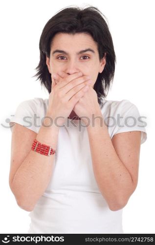 beautiful casual woman in speak no evil pose (isolated on white background)
