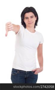 beautiful casual woman with thumbs down on an isolated white background