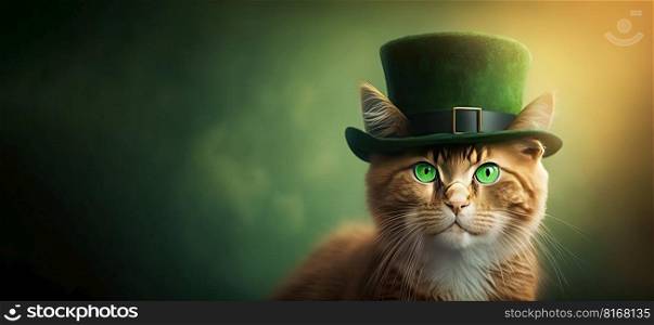 Beautiful cat in a green hat on a blurred background. St. Patrick’s Day. Generative AI