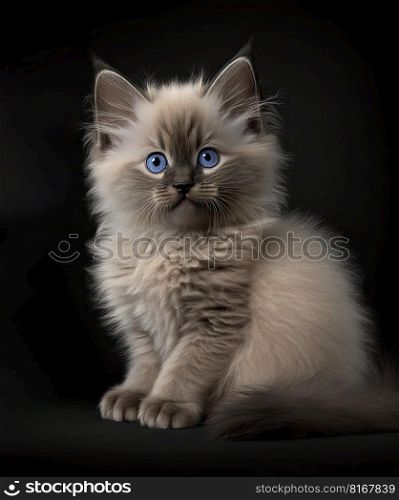 Beautiful cat with blue eyes looking at camera on a dark background. Generative AI