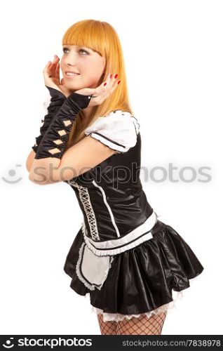 Beautiful caucasian woman dressed in a French Maid costume isolated on a white background