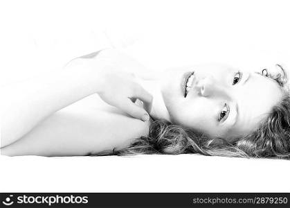 beautiful caucasian woman is lying in bed at morning