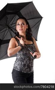 Beautiful caucasian woman with umbrella looking up, isolated