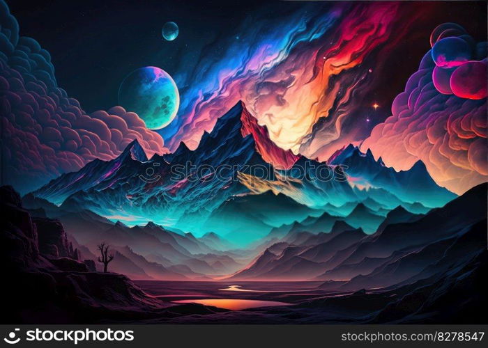 Beautiful celestial sky in dreamy fantasy with bright star in the sky over nature landscape