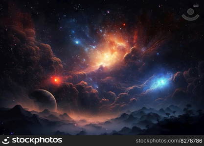 Beautiful celestial sky in dreamy fantasy with bright star in the sky over nature landscape