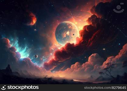 Beautiful celestial sky in dreamy fantasy with bright star in the sky over nature landscape. distinct generative AI image.. Beautiful celestial sky in dreamy fantasy with bright star in the sky over nature landscape