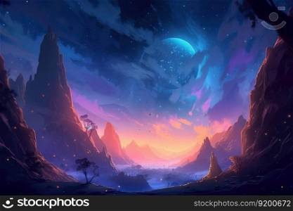 Beautiful celestial sky in dreamy fantasy with bright star in the sky over nature landscape