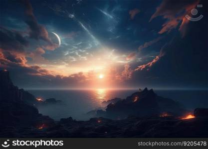 Beautiful celestial sky in dreamy fantasy with bright star in the sky over nature landscape. distinct generative AI image.. Beautiful celestial sky in dreamy fantasy with bright star in the sky over nature landscape