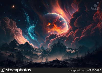 Beautiful celestial sky in dreamy fantasy with bright star in the sky over nature landscape. distinct generative AI image.. Beautiful celestial sky in dreamy fantasy with bright star in the sky over nature landscape