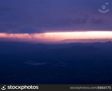 Beautiful charming sunrise sky limestone mountain landscape at  at Pha Nok An cliff. Phu Kradueng National park peaceful morning. Loei - Thailand.