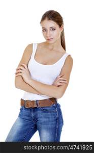 Beautiful cheerful teen girl in jean shorts, isolated on white background