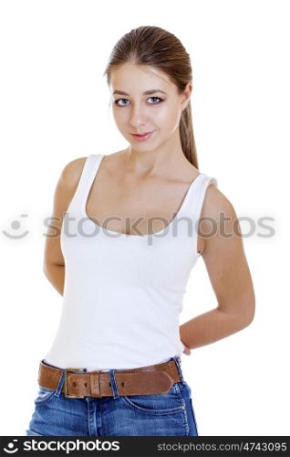 Beautiful cheerful teen girl in jean shorts, isolated on white background