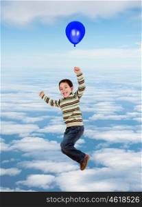 Beautiful child flying on the sky with a balloon isolated on a white background