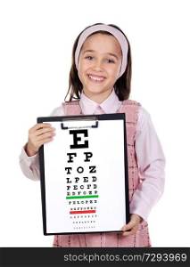 Beautiful child holding a vision exam chart isolated on a white background