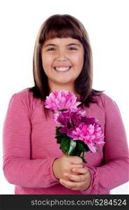 Beautiful child with a pink bouquet of flowers isolated on a white background