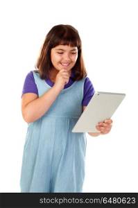 Beautiful child with a tablet . Beautiful child with a tablet isolated on a white background