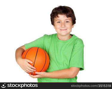 Beautiful child with basket ball isolated on white background